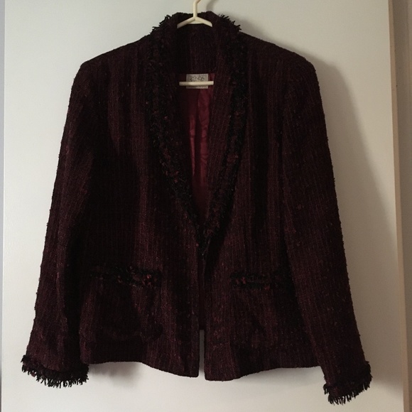 ZONDA NELLIS Burgundy + Black Chanel Style Boucle Tweed Fringe Trim Jacket L - Picture 1 of 5
